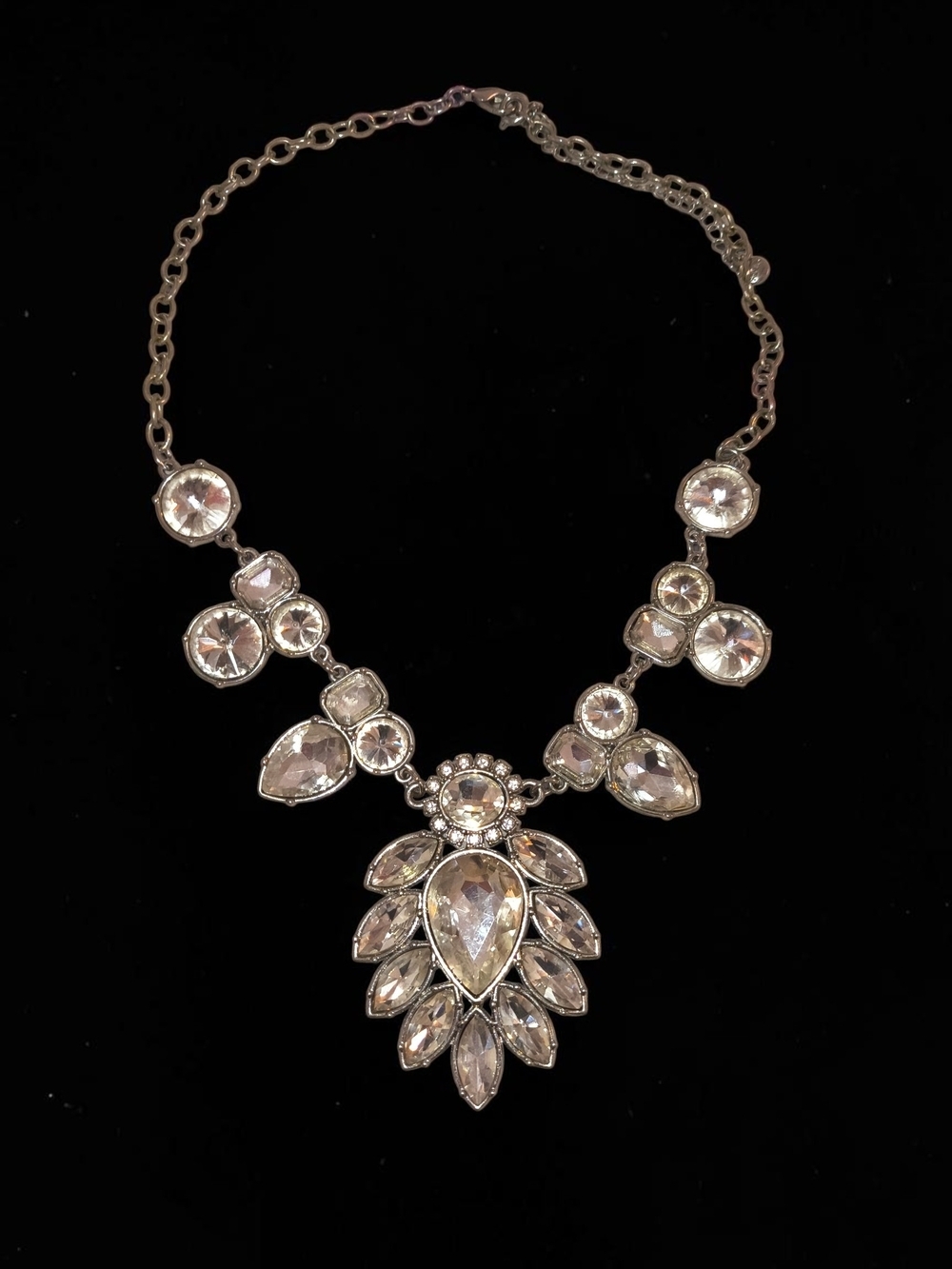 Crystal Teardrop Statement Necklace - Clear Silver-Tone